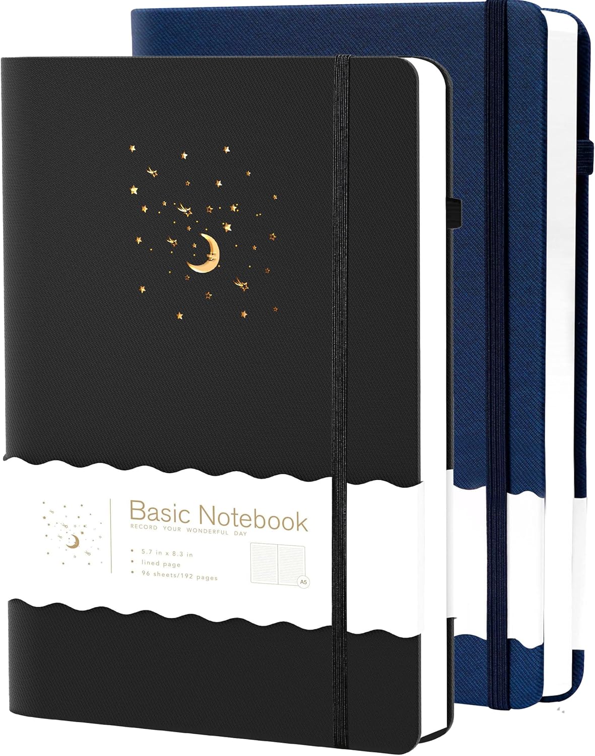 CAGIE 2 Pack Lined Journals Notebooks for Work, Hardcover Notebook Journal with Pen Loop, A5 Small Journal for Women Men Writing Gifts, 5.7" x 8.3", Blue& Black