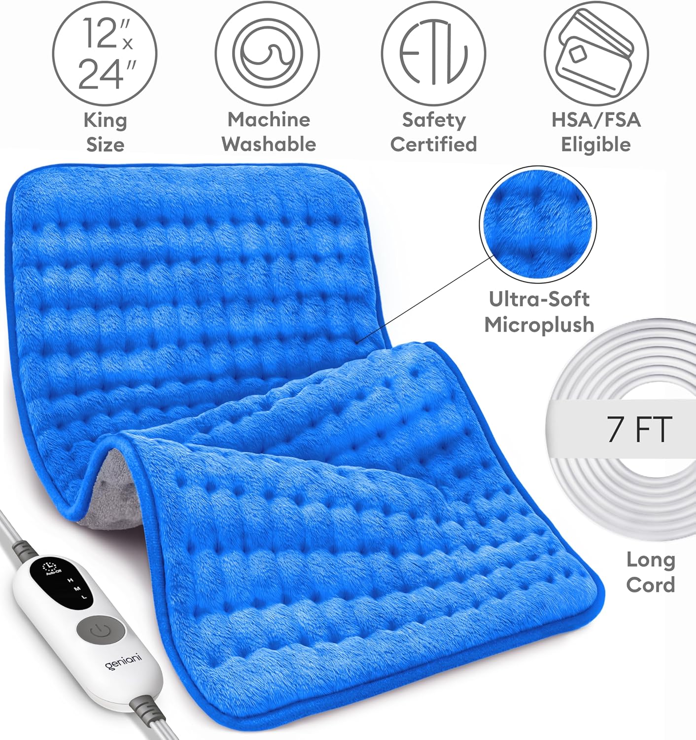 GENIANI Electric Throw Double Sided XL Heating Pad Electric for Lower Back Pain & Period Cramps Relief, Heat Pad with 3 Heat Settings for Neck & Shoulders, Heat Patches (12x24 Electric Blue)