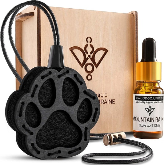 Wood Car Air Freshener — Handmade Car Air Freshener — Paw Designed Fragrance Oil Diffuser in Wooden Gift Box — Aromatherapy Gift Set with Mountain Rain Fragrance Oil - 10 ml