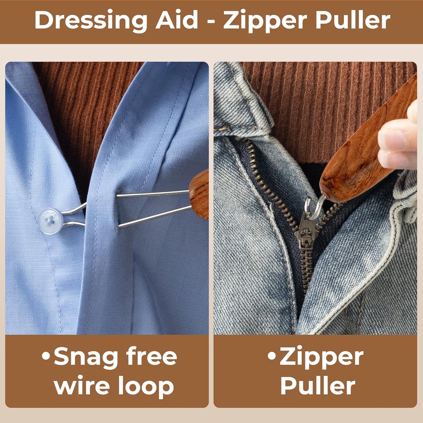 Button Hook & Zipper Pull Helper with Wooden Handle – Comfortable Grip Button Assist Tool for Easy Dressing, Seniors, and Daily Use