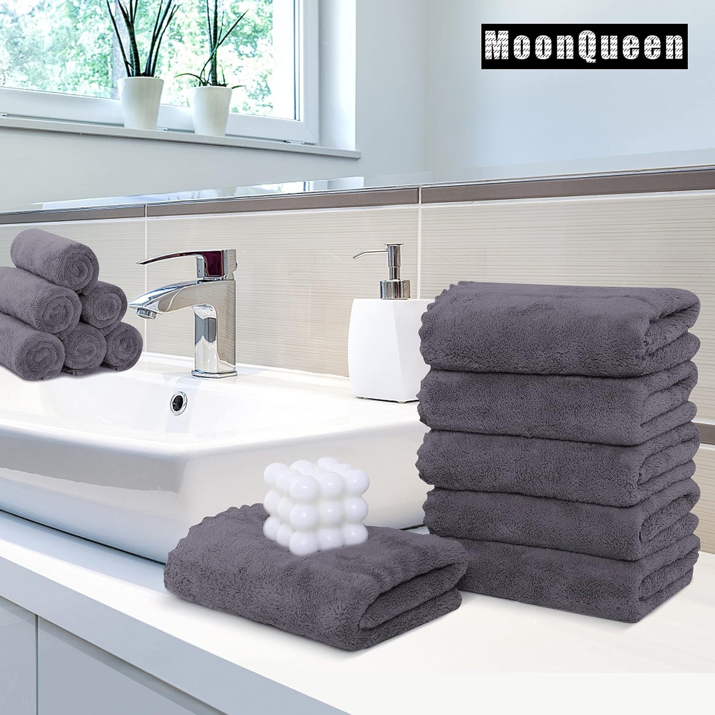 MOONQUEEN 18 Pack Premium Hand Towels - Quick Drying - Microfiber Coral Velvet Highly Absorbent Towels - Multipurpose Use as Hotel, Bathroom, Shower, Spa, Hand Towel 16 x 28 inches (Gray)
