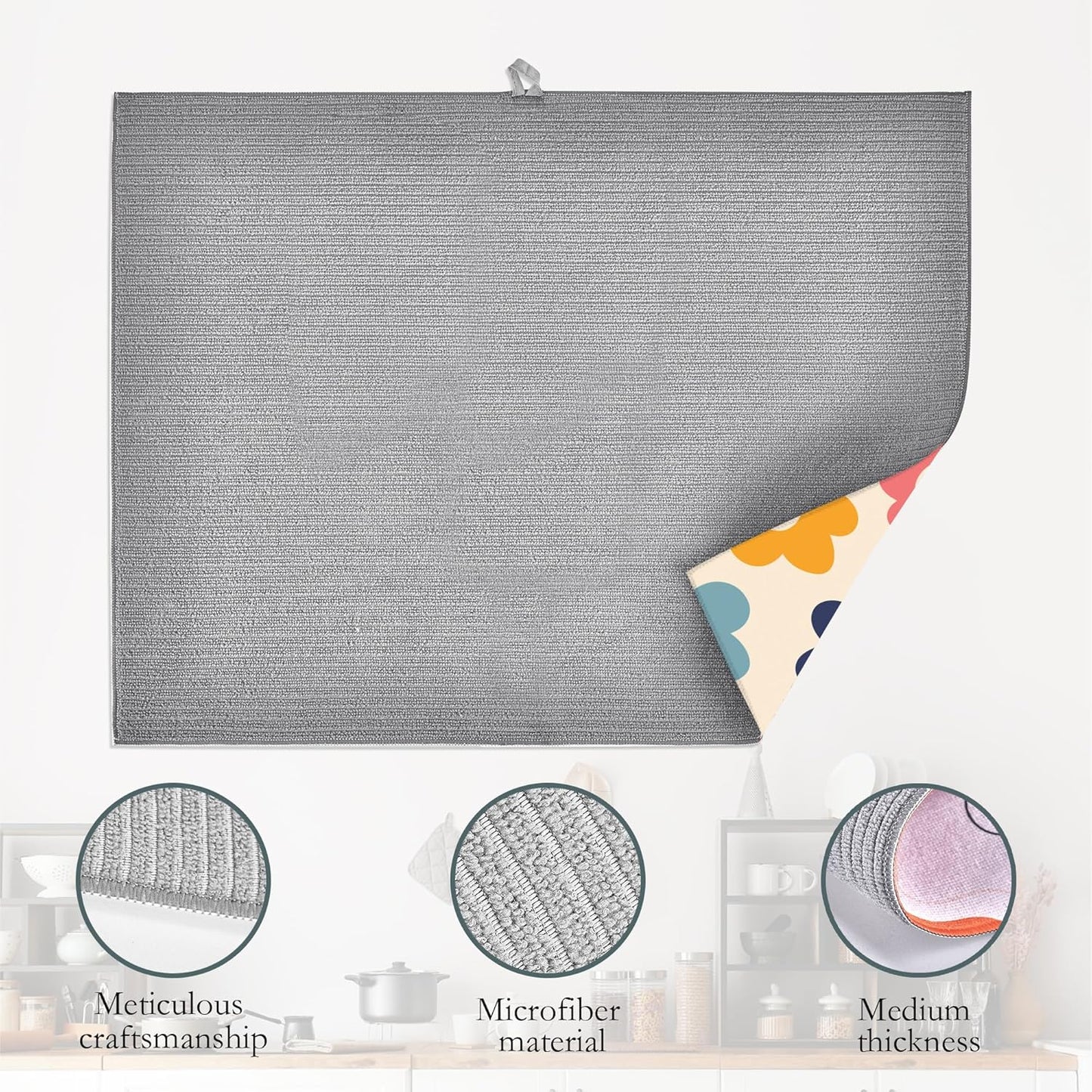 Vintage Groovy Flowers Dish Drying Rack Mats Decor,Colorful Daisy Dish Pad Drying Mat Kitchen Counter 18x24 Inch Absorbent Reversible Microfiber for Coffee Bar Sink Countertop