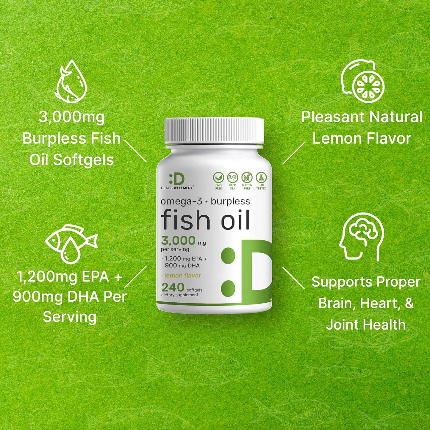DEAL SUPPLEMENT Omega 3 Fish Oil Supplements, 3,000mg Per Serving, 240 Softgels – EPA 1,200mg + DHA 900mg – Burpless Pills, Lemon Flavored, Wild Caught – Brain & Heart Support – Mercury Free, Non-GMO