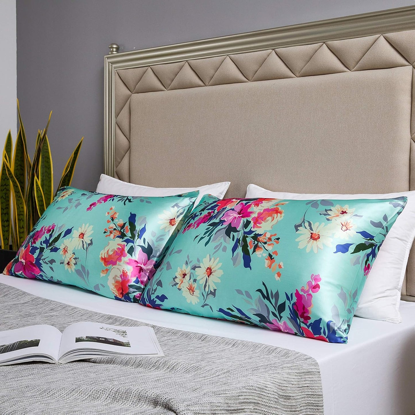 MR&HM Satin Pillowcase for Hair and Skin, Silk Satin Pillowcase 2 Pack, Standard Size Pillow Cases Set of 2, Silky Pillow Cover with Envelope Closure (20x26, Floral Green)