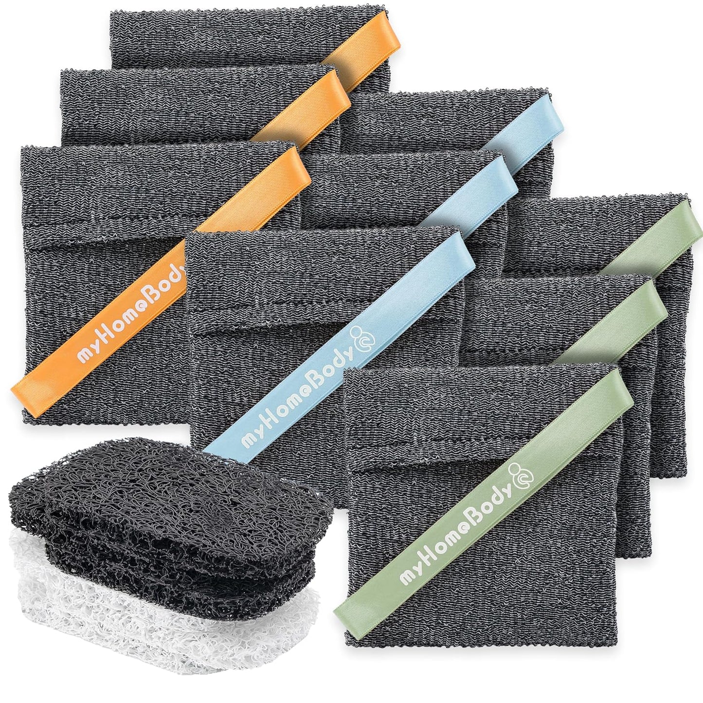 myHomeBody Soap Pocket Squares Exfoliating Pouch, Body Scrubber, Exfoliator Sponge for Bath or Shower, or Leftover Bits Saver, Graphite Gray, 9 Pack + 6 Lift Pads