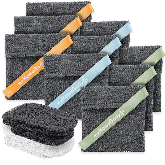 myHomeBody Soap Pocket Squares Exfoliating Pouch, Body Scrubber, Exfoliator Sponge for Bath or Shower, or Leftover Bits Saver, Graphite Gray, 9 Pack + 6 Lift Pads
