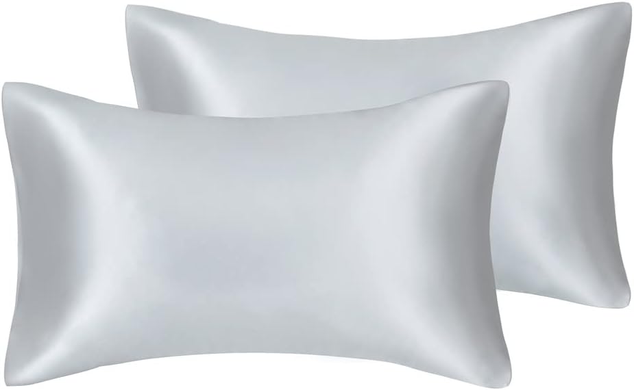 JUWENIN,Luxury Satin Pillowcase with Zipper (Silky Satin Pillow Case for Hair) Set of 2 (Queen, Silver)