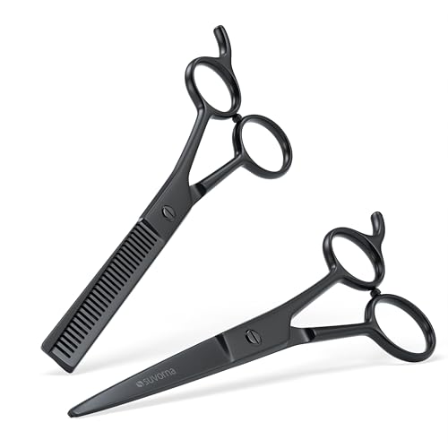 Suvorna 6.5" Professional Hair Scissors Set with Thinning Shears for Hair Dressers, Barbers and Professionals - Extremely Sharp Hair Cutting Scissors Set for Thinning, Layering and Cutting (Black)