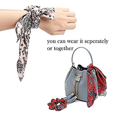 Hair Scarf Ties Ponytail with 6PCS Scarf-Scrunchies, Paisley Flower Printing, Chiffon Material, for Women Girls, Hair Accessories