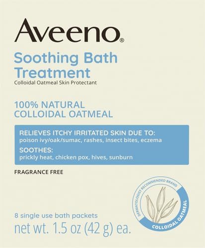 Aveeno Fragrance-Free Soothing Bath Treatment & Soak for Soothing Relief, 100% Natural Colloidal Oatmeal, Relieves Itchy, Irritated Skin Due to Eczema, 8 Single-Use Bath Packets (Pack of 2)