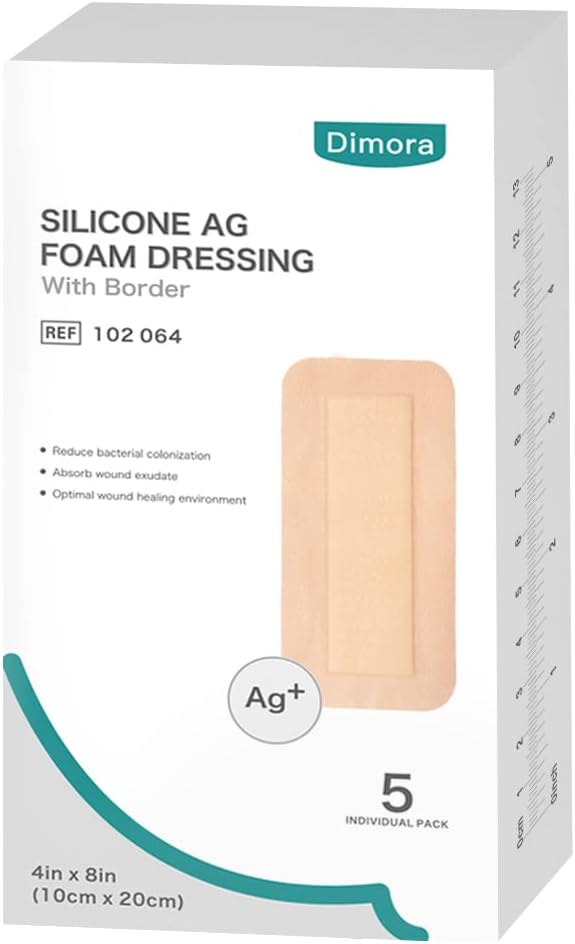 Dimora Silicone Foam Dressing Silver Ag 4"x 8" Adhesive Absorbent First Aid Bandage for Wound Care Pads 5 Packs