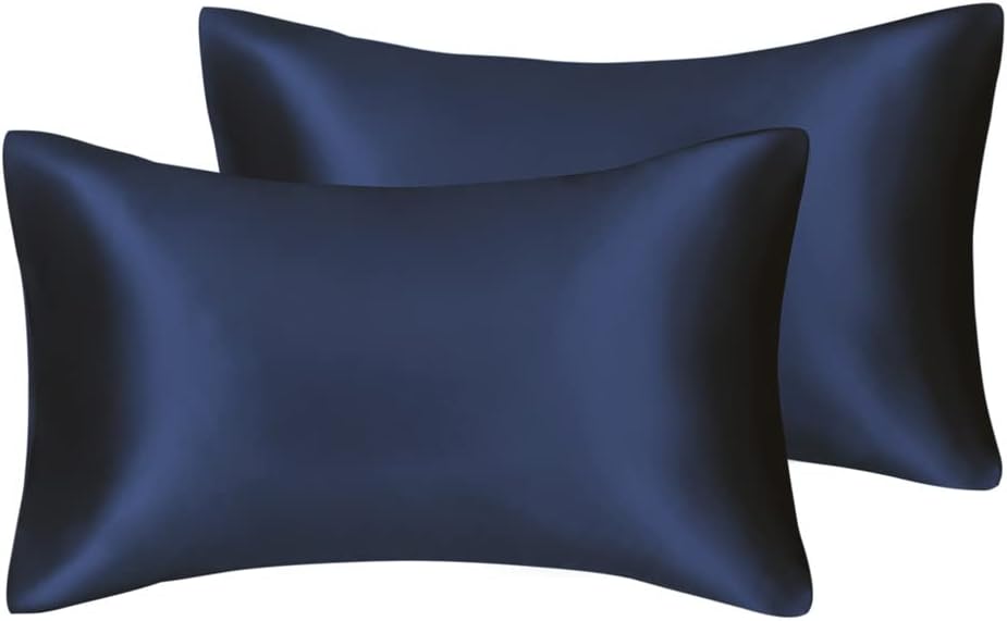 JUWENIN,Luxury Satin Pillowcase with Zipper (Silky Satin Pillow Case for Hair) Set of 2 (Queen, Navy)