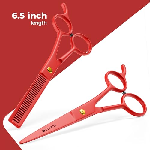 Suvorna 6.5" Professional Hair Scissors Set with Thinning Shears for Hair Dressers, Barbers and Professionals - Extremely Sharp Hair Cutting Scissors Set for Thinning and Layering (Red)