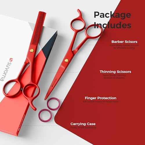 Suvorna 6.5" Professional Hair Scissors Set with Thinning Shears for Hair Dressers, Barbers and Professionals - Extremely Sharp Hair Cutting Scissors Set for Thinning and Layering (Red)
