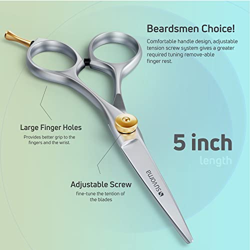 Suvorna Small Scissors for Beard, Mustache, Facial, Nose, Eyebrow & Ear Hair – Tiny Scissors for Cutting, Trimming & Grooming – 5" Stainless Steel Mustache Scissors for Men, Barbers, & Home Use