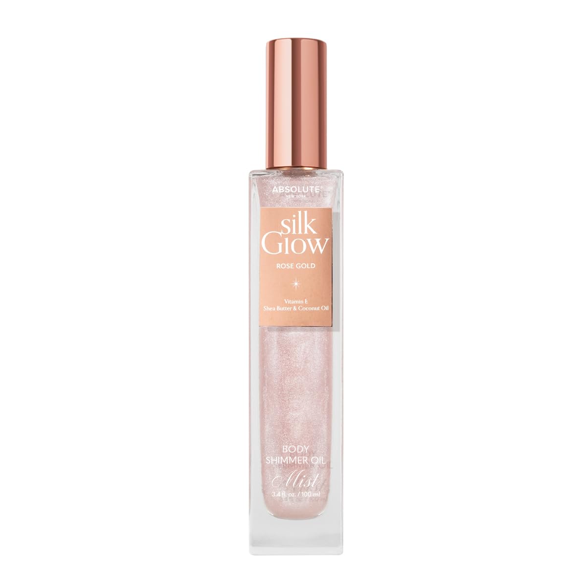 Absolute New York - Silk Glow Shimmer Mist Glow, Radiant, Shimmer Body & Face & Hair, Shea Butter, Coconut Oil, Vitamin E (SBGS02 Rose Gold Mist, 3.4 fl oz)