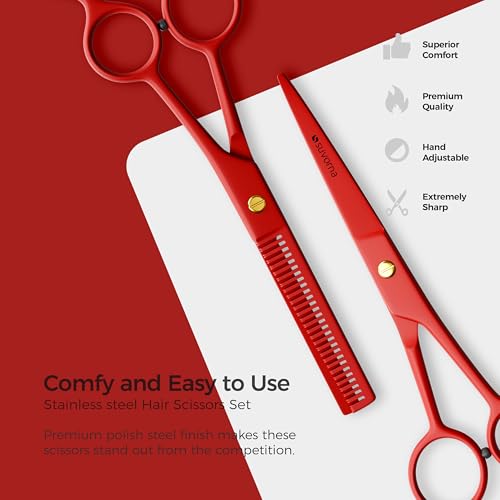 Suvorna 6.5" Professional Hair Scissors Set with Thinning Shears for Hair Dressers, Barbers and Professionals - Extremely Sharp Hair Cutting Scissors Set for Thinning and Layering (Red)