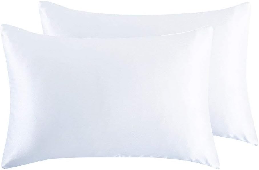 JUWENIN,Luxury Satin Pillowcase with Zipper (Silky Satin Pillow Case for Hair) Set of 2 (Queen, White)