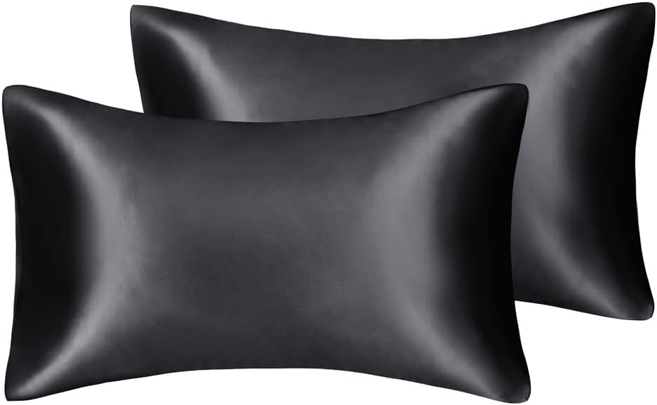 JUWENIN,Luxury Satin Pillowcase with Zipper (Silky Satin Pillow Case for Hair) Set of 2 (Queen, Black)