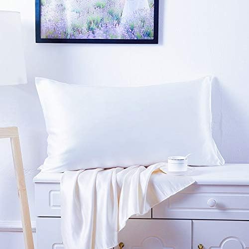 JUWENIN,Luxury Satin Pillowcase with Zipper (Silky Satin Pillow Case for Hair) Set of 2 (Standard, White)