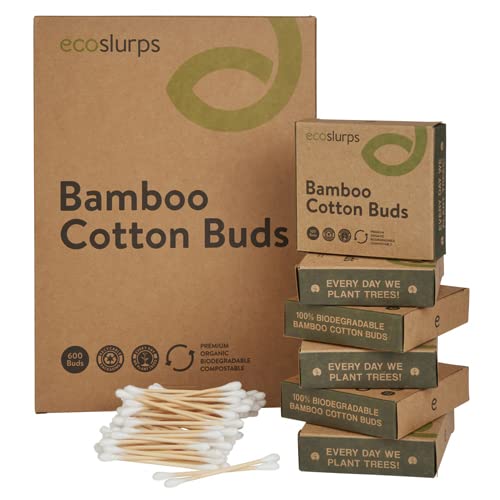 EcoSlurps 600 Bamboo Cotton Swabs - Large Family Box of Biodegradable Cotton Buds - Ecofriendly No Plastic In Each Cotton Bud Swab (6x100 Boxes)