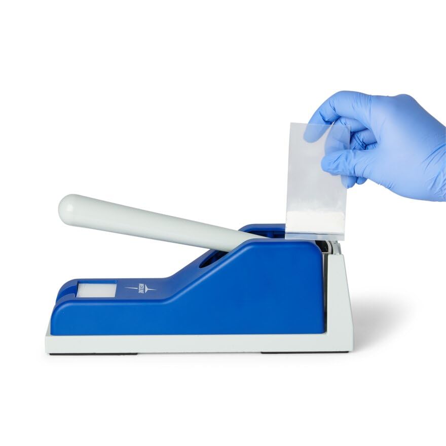 Medline Pill Crusher, 50 Pill Pouches Included, Ergonomic Design, Easily Crushes Medication Without Strain, Hygienic Cross-Contamination Protective Pouches, Blue, 1 EA