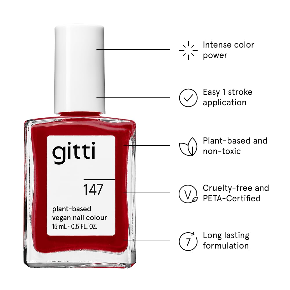gitti Plant-based Nail Polish I Non-Toxic, 30-Free, Based On Natural Origin Ingredients, Cruelty-Free, Vegan, High Performance Colors, Glossy Finish, Shade no. 147 Real Red (0.5 fl oz)