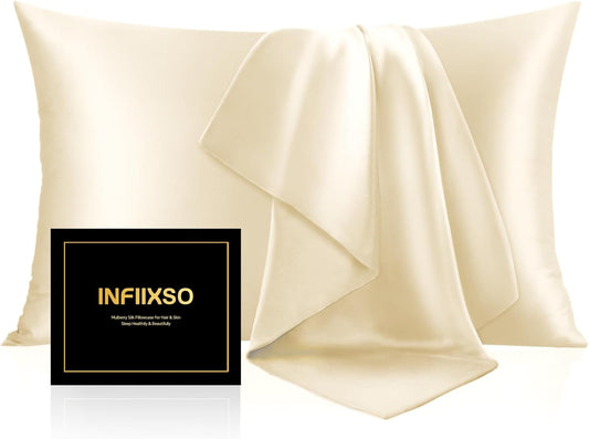 INFIIXSO Mulberry Silk Pillowcase for Hair and Skin, Silk Pillow Cases Queen Size Set of 2 with Hidden Zipper 20x30 Inches, Ultra Smooth and Soft Cooling Pillow Cases for Hot Sleepers(Ivory, 2 Pack)