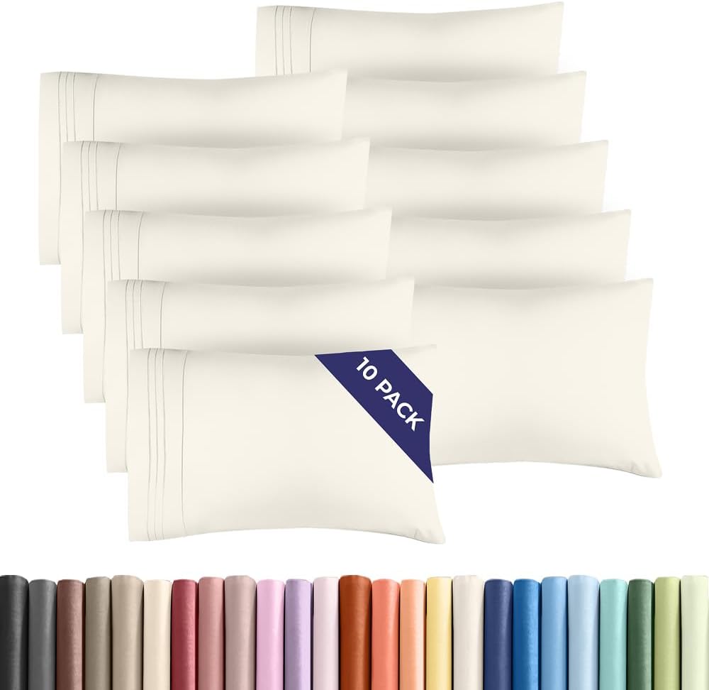 King Pillow Cases Set of 10 - Ultra Soft Hotel Quality Pillowcase Covers - Comfy. Cozy & Wrinkle Free - Shrink, Stain and Fade Resistant - Machine Washable Pillow Protectors - 10 Piece Set - Off White