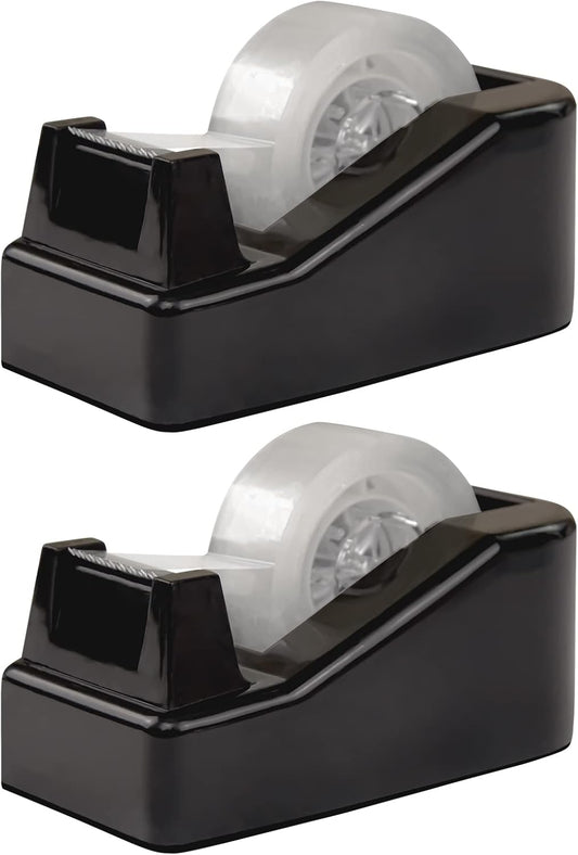 2Pcs Desktop Tape Dispenser Adhesive Roll Holder with Weighted Nonskid Base, Black (Tape not Included)