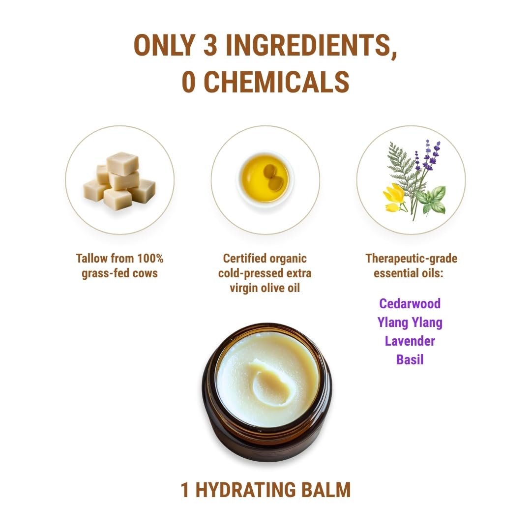 Vintage Tradition Beef Tallow All Purpose Balm - Healing, Hydrating Men’s Skin Care Salve Replaces Body Lotion, Hand Cream, More - Essential Oil, Olive Oil, and Grass-Fed Tallow, 2 fl. oz.