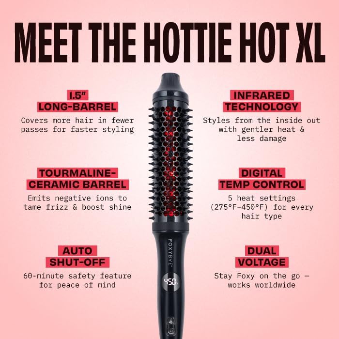 FoxyBae Thermal Brush with 1.5" Extra-Long Barrel & Infrared Technology - Hot Comb & Round Hair Brush for Styling, Volumizing & Straightening - Black Shimmer