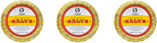 Rawleigh Antiseptic Salve Iconic Yellow Big Tin: 4.5 oz, Multi-Purpose Ointment Soothes Cuts, Bruises, Irritations, with Turpentine, Phenol, Cottonseed Oil & Paraffin, Original Formula - Pack of 3