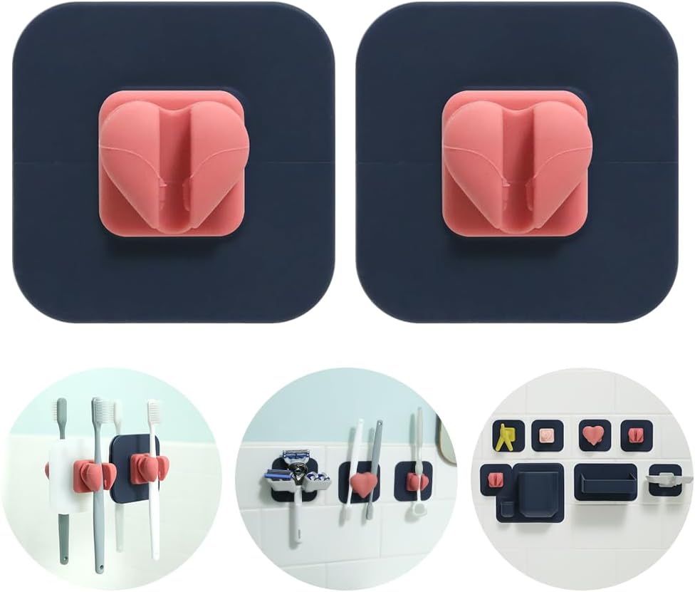 1+1 Silunity Silicone Toothbrush Holder - Suction & Stick, Reusable Sticker - Wall Mounted for Bathroom/Shower - Made in Korea - Ideal for Toothbrushes/Razors (Navy Pad (1+1), Single)