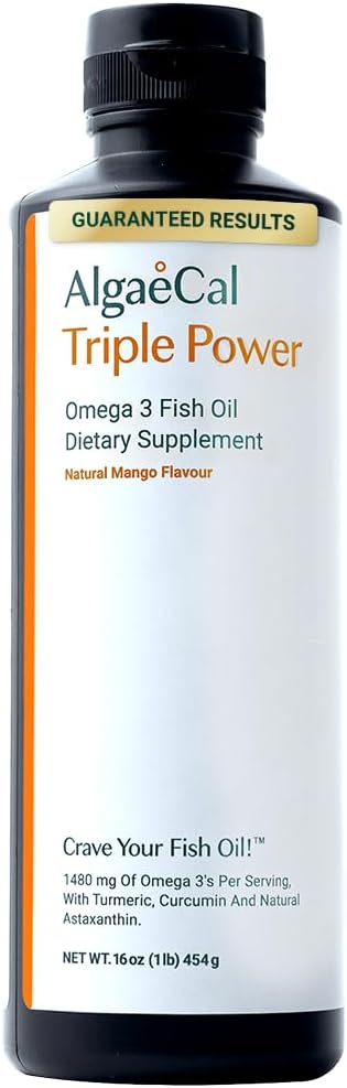 ALGAECAL Triple Power 1200mg EPA & DHA Omega 3 Fish Oil Supplement, Supporting Brain, Heart, Skin & Bones, Liquid Emulsion Mango Taste, Burp-Less, Sugar-Free, Made in USA