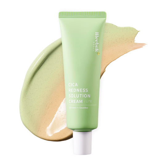 Meebak Cica Redness Solution Lite – Green Color Correcting CC Cream for Redness Relief w/Niacinamide & Centella Asiatica, Korean Tone Up Cream, Tinted Moisturizer for Sensitive, Fair to Medium Skin
