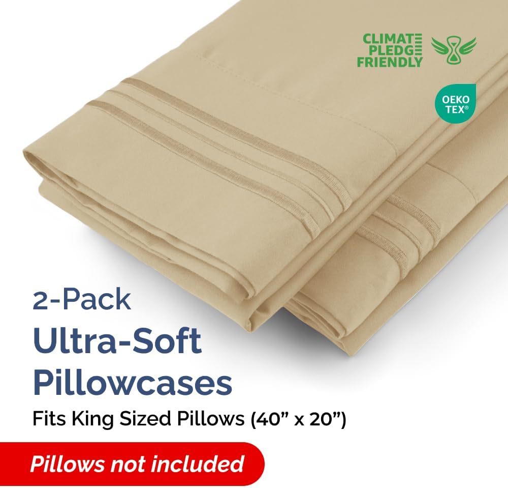King Pillow Cases Set of 2 - Ultra Soft Hotel Quality Pillowcase Covers - Comfy, Cozy & Wrinkle Free - Shrinkage, Stain and Fade Resistant - Machine Washable Pillow Protectors - 2 Piece Set - Beige