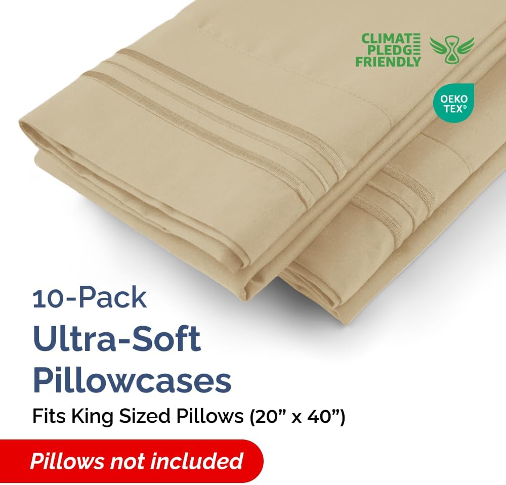 King Pillow Cases Set of 10 - Ultra Soft Hotel Quality Pillowcase Covers - Comfy & Wrinkle Free - Shrink, Stain and Fade Resistant - Easy-Care, Machine Washable Pillow Protectors - 10 Pcs Set - Beige