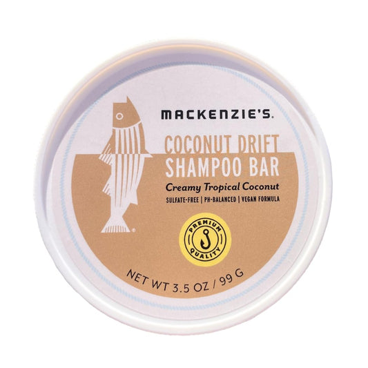 MACKENZIE'S Coconut Drift Shampoo Bar - Gifts for Fishermen - Vegan - Sulfate-Free - Eco Friendly - Zero Waste - Reusable Packaging with Travel Container - 3.5 OZ