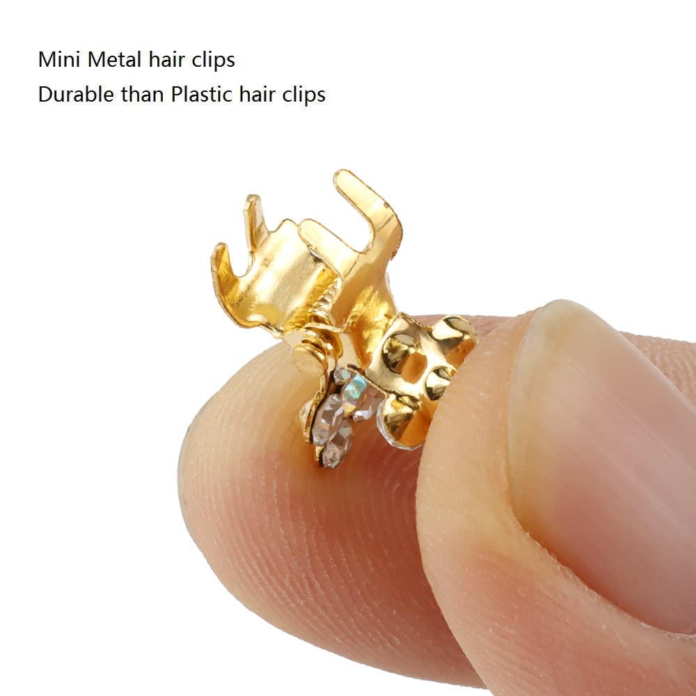 Small Hair Accessories: Mini Claw Clips with No-Slip Grip, Glitter and Rhinestone Details, Metal Clamps in Mixed Colors for Girls and Women (Gold-White Crystal)