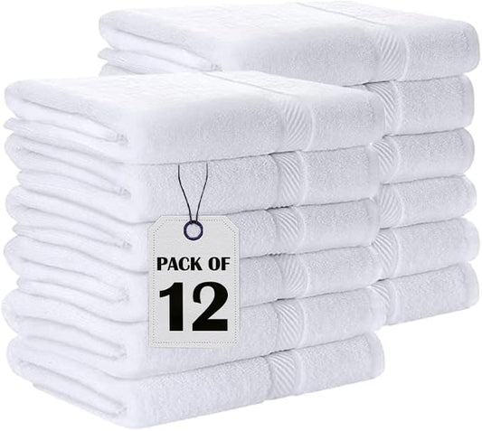 Pearl Linens Bath Towel Set of 12, Economy Cotton 20x40 Hotel Quality White Bath Towels Bulk, Lightweight and Highly Absorbent Quick Dry Towel for Home, Hotel, Spa, Gym and Bathroom, White Towel