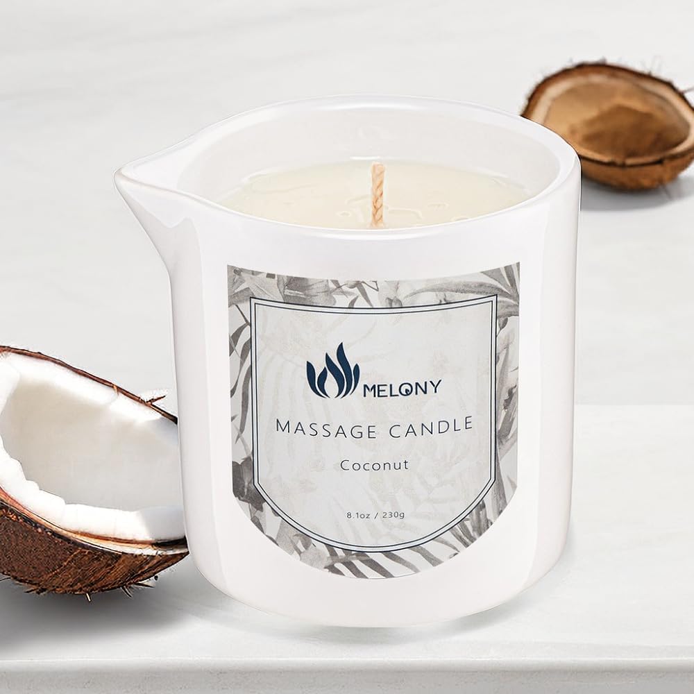 MELONY Soy Massage Oil Candle | Coconut | 8.1OZ / 230G | Perfect Intensive Skin Treatment Candle | Nourishing with Almond Oil, Shea Butter & Cocoa Butter | Massage & Moisturise