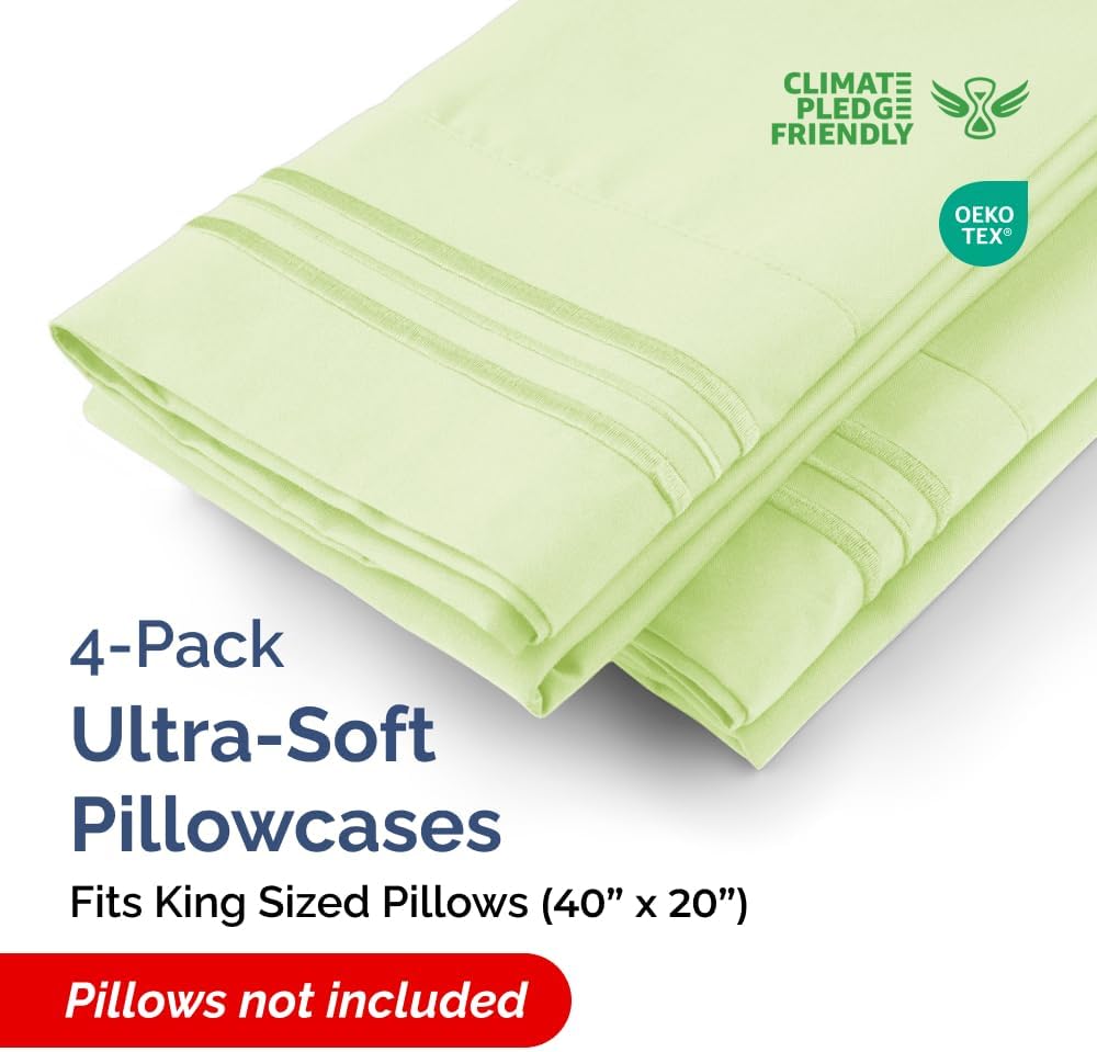 King Pillow Cases Set of 4 - Ultra Soft Hotel Quality Pillowcase Covers - Comfy, Cozy & Wrinkle Free - Shrinkage & Fade Resistant - Machine Washable Pillow Protectors - 4 Piece Set - Light Sage Green