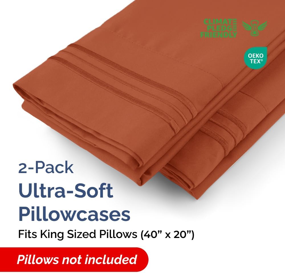 King Pillow Cases Set of 2 - Ultra Soft Hotel Quality Pillowcase Covers - Comfy, Cozy & Wrinkle Free - Shrinkage, Stain & Fade Resistant - Machine Washable Pillow Protectors - 2 Piece Set - Terracotta