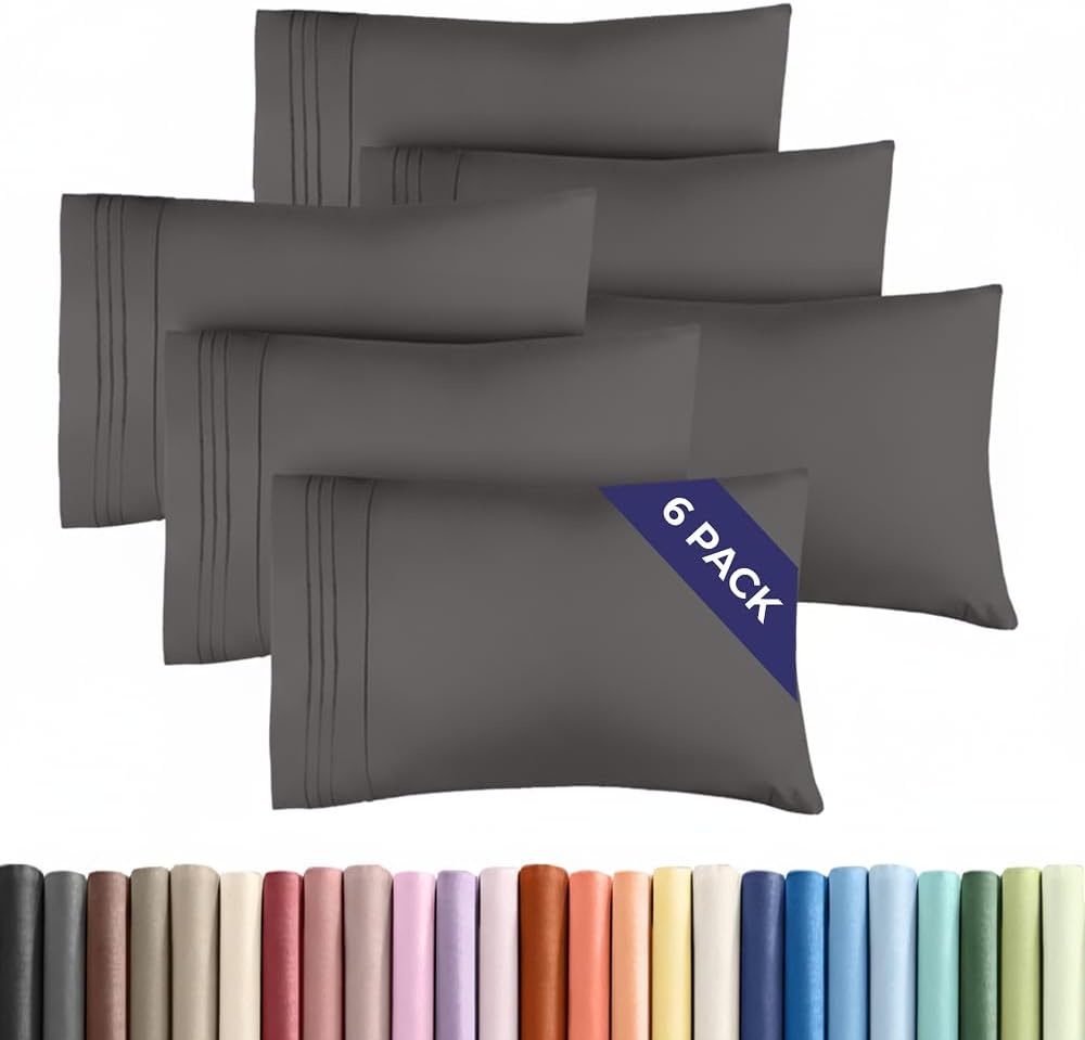 Queen Pillow Cases Set of 6 - Ultra Soft Hotel Quality Pillowcase Covers - Comfy, Cozy & Wrinkle Free - Shrink, Stain and Fade Resistant - Machine Washable Pillow Protectors - 6 Piece Set - Dark Grey