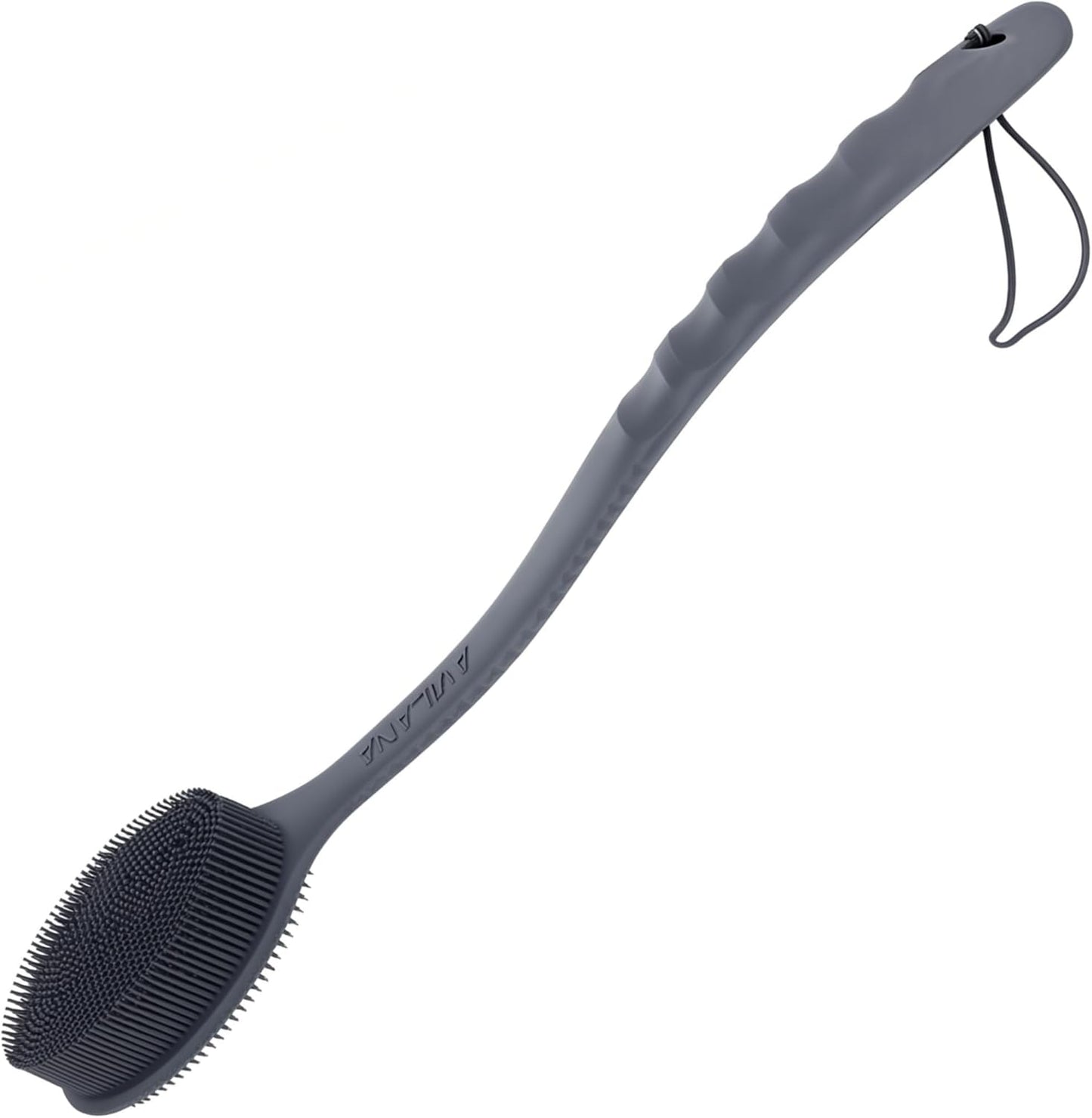 Avilana Silicone Body Scrubber – Gentle Shower Brush & Loofah Alternative- Food Grade & Lab Tested – Fast-Drying, Hygienic, BPA-Free Silicone Body Gentle Exfoliator (Dark Gray, Long Handle)