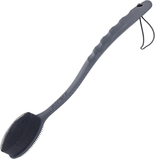 Avilana Silicone Body Scrubber – Gentle Shower Brush & Loofah Alternative- Food Grade & Lab Tested – Fast-Drying, Hygienic, BPA-Free Silicone Body Gentle Exfoliator (Dark Gray, Long Handle)