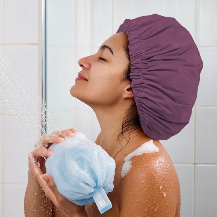 Reusable Shower Cap for Women, Large Waterproof Shower Essentials Bonnet Washable Elastic Band Bath Hair Wrap Hat for Long Hair, Braids(Leather Purple)