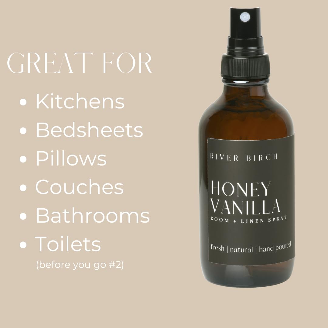 River Birch Luxury Linen and Room Spray - Home Signature Scent Honey Vanilla Room Fragrance Spray - Fragrant Fresh Linen Air Freshener For Bedding - Handmade in Texas - 4 oz Glass Amber Bottle