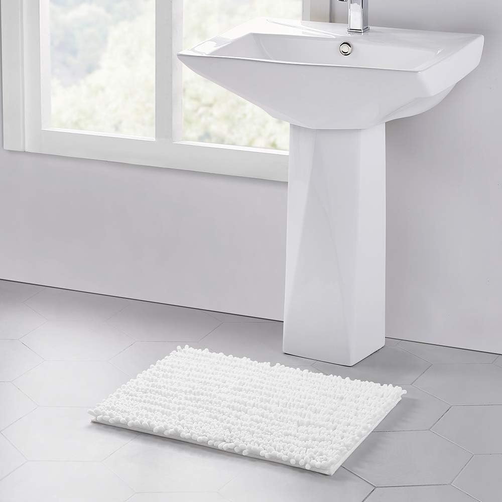 Walensee Bathroom Rug Non Slip Bath Mat (24x17 Inch White) Water Absorbent Super Soft Shaggy Chenille Machine Washable Dry Extra Thick Perfect Absorbant Best Small Plush Carpet for Shower Floor